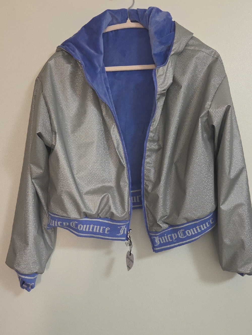 Juicy Couture Silver Metallic Cropped Hooded Jacket with Blue Trim Large NEW